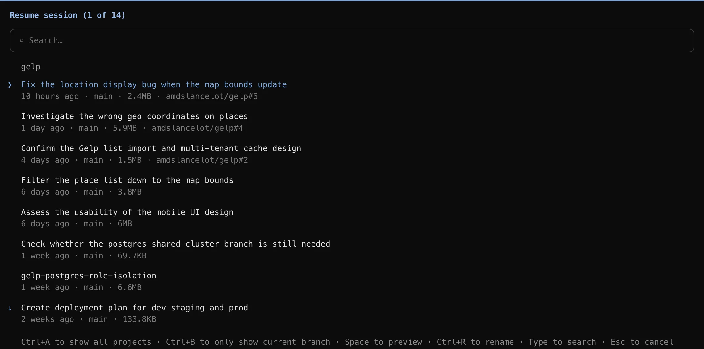 The session picker from claude --resume — every past session in this project, with its branch, transcript size, and the pull request it belongs to.